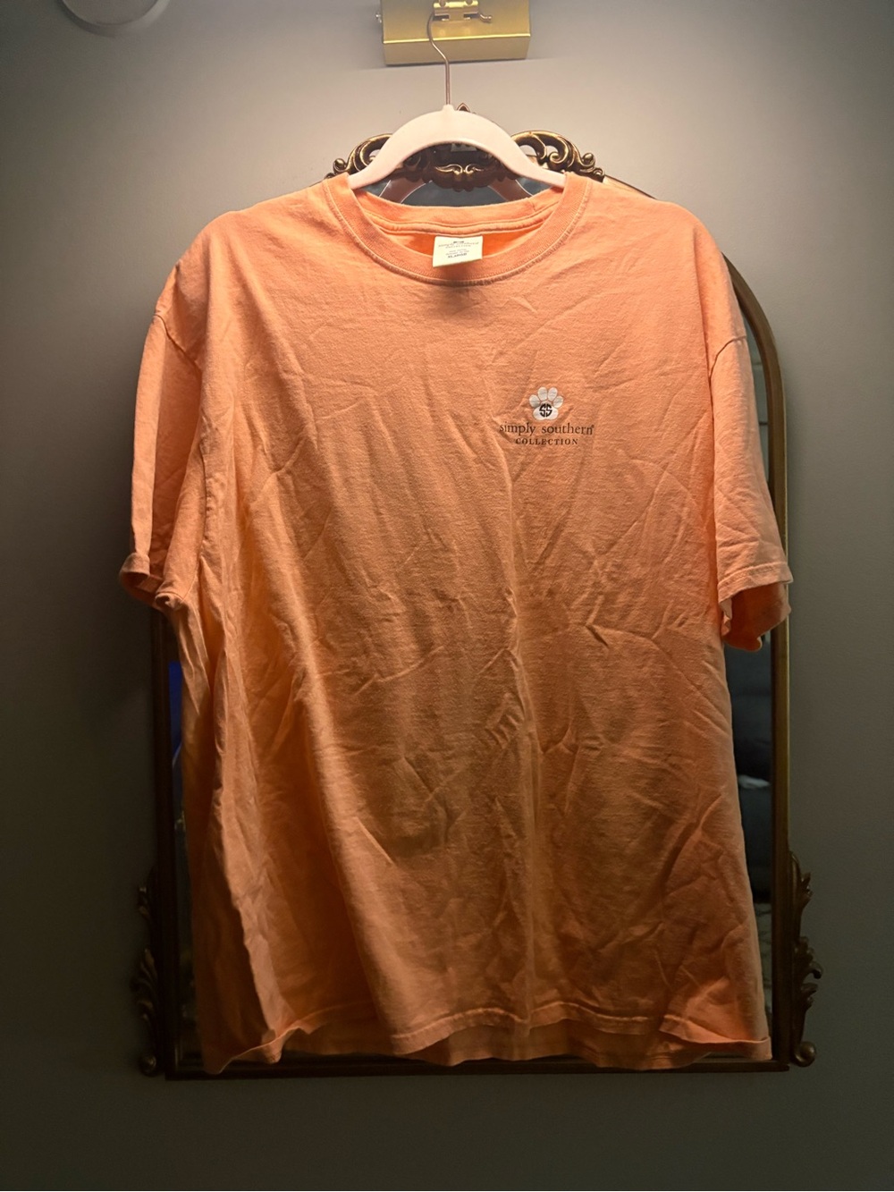 Simply Southern Peach Short Sleeve Tee with Floral Chest Logo